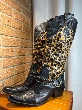 J. Renee Montana Leopard Print Cowboy Boots Studded Western Tall Boots Size 7